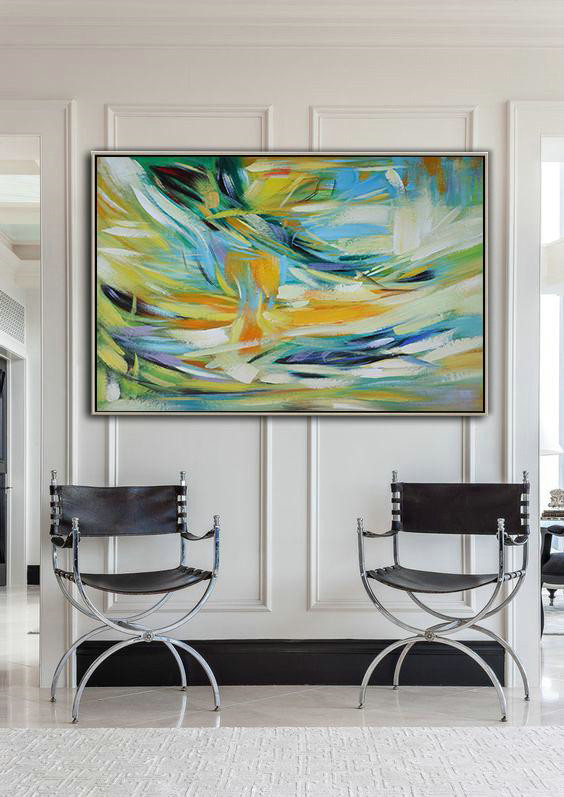Large Abstract Art,Oversized Horizontal Contemporary Art,Large Wall Canvas,Yellow,Light Blue,Green,White.etc